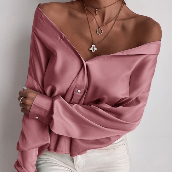 Luxe Satin button up Boyfriend shirt Blouse - Picture 4 of 16
